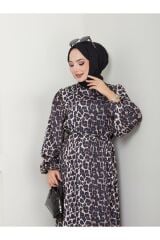 Kadın Leopar Desenli Şifon Elbise Kahverengi - M