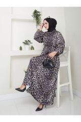 Kadın Leopar Desenli Şifon Elbise Kahverengi - S