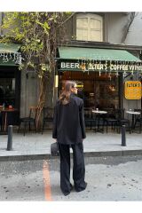 Kadın Düğme Detaylı Astarlı Pensli Blazer Takım Siyah - L