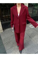 Kadın Düğme Detaylı Astarlı Pensli Blazer Takım Bordo - M