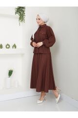 Kadın Bel Büzgülü Gömlek Yaka Çizgili Etekli Takım Kahverengi - 2XL
