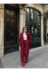 Kadın Düğme Detaylı Astarlı Pensli Blazer Takım Bordo - S