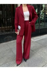 Kadın Düğme Detaylı Astarlı Pensli Blazer Takım Bordo - S