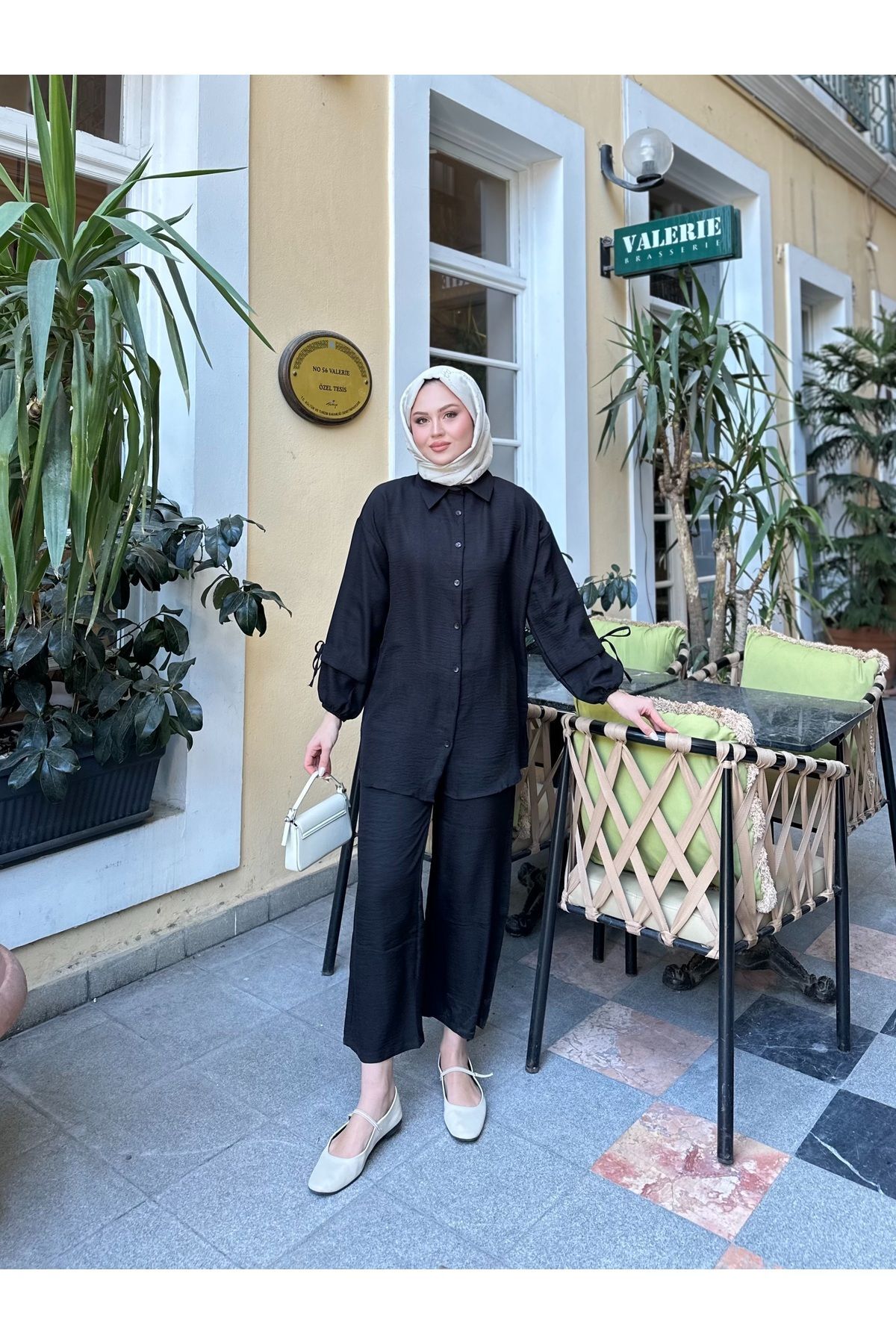Kadın Kol Tünelli Keten İkili Takım Siyah - S