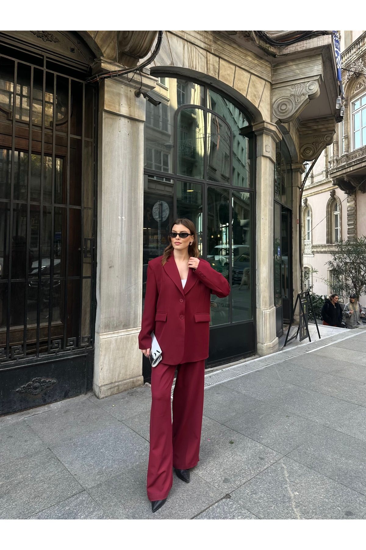 Kadın Düğme Detaylı Astarlı Pensli Blazer Takım Bordo - L