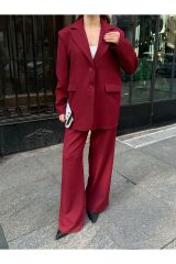 Kadın Düğme Detaylı Astarlı Pensli Blazer Takım Bordo - L