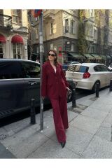 Kadın Düğme Detaylı Astarlı Pensli Blazer Takım Bordo - L