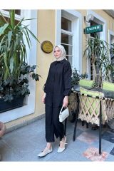 Kadın Kol Tünelli Keten İkili Takım Siyah - M