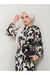 Kadın Çiçek Desenli Maxi Boy Kuşaklı Elbise Siyah - 2XL