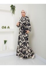 Kadın Çiçek Desenli Maxi Boy Kuşaklı Elbise Siyah - XL