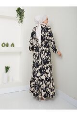 Kadın Çiçek Desenli Maxi Boy Kuşaklı Elbise Siyah - XL