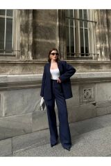 Kadın Düğme Detaylı Astarlı Pensli Blazer Takım Lacivert - M