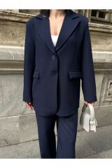 Kadın Düğme Detaylı Astarlı Pensli Blazer Takım Lacivert - M