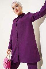 Kadın Top Düğmeli Keten İkili Takım Mor - XL