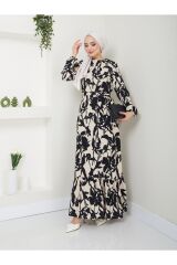 Kadın Çiçek Desenli Maxi Boy Kuşaklı Elbise Siyah - L
