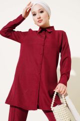 Kadın Top Düğmeli Keten İkili Takım Bordo - XL