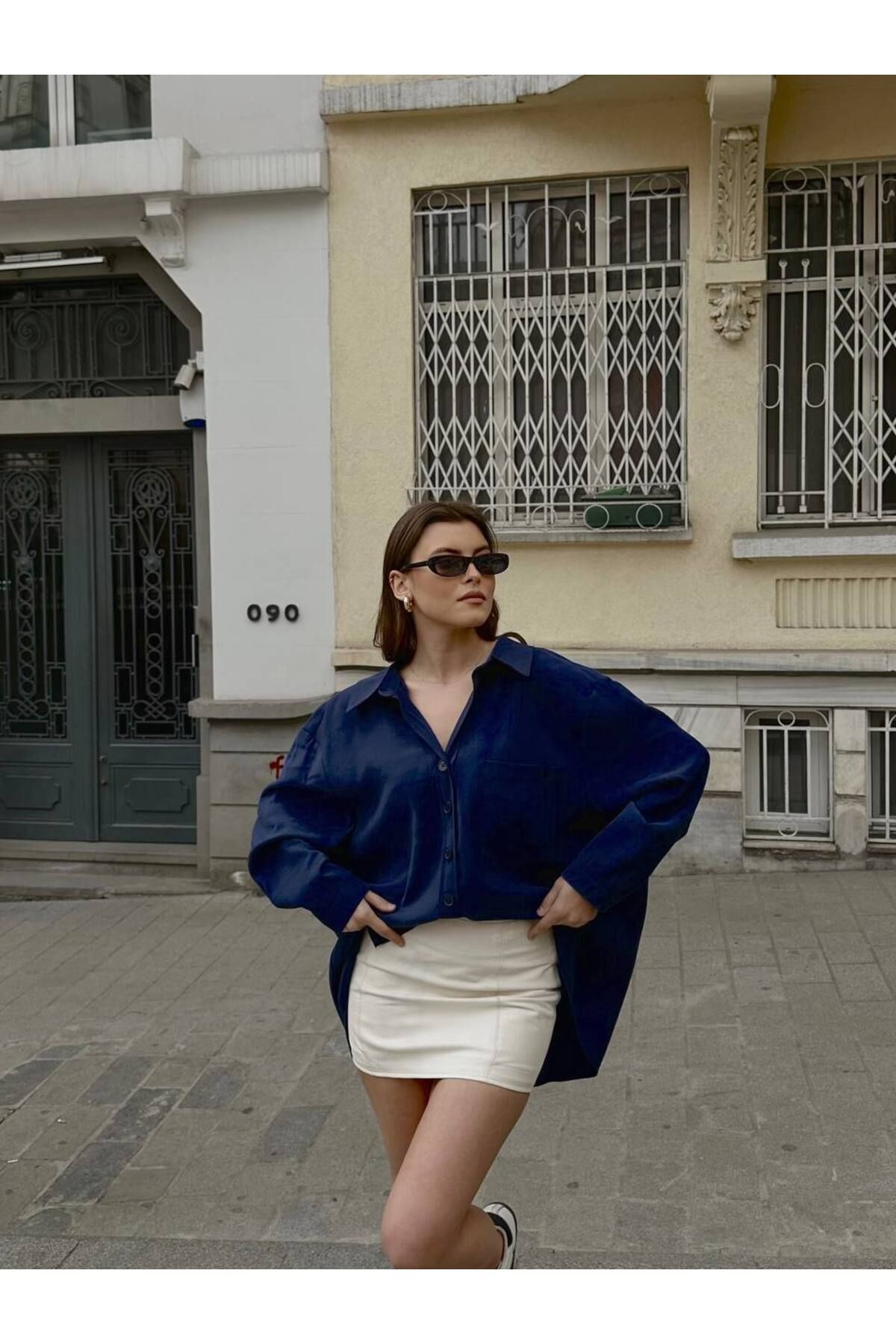 Kadın Oversize Modal Gömlek Lacivert - L