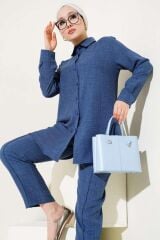 Kadın Top Düğmeli Keten İkili Takım Lacivert - 2XL