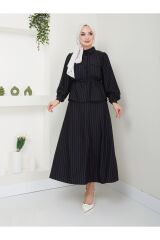 Kadın Bel Büzgülü Gömlek Yaka Çizgili Etekli Takım Siyah - XL