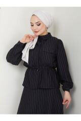 Kadın Bel Büzgülü Gömlek Yaka Çizgili Etekli Takım Siyah - XL