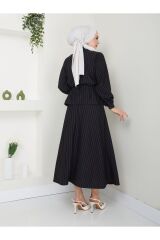 Kadın Bel Büzgülü Gömlek Yaka Çizgili Etekli Takım Siyah - XL
