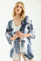 Kadın Palmiye Güpür Detaylı Viskon Kimono Mavi - M