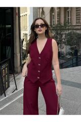 Kadın Pantolon Yelek İkili Takım Bordo - S
