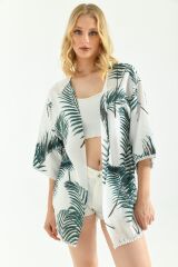 Kadın Palmiye Güpür Detaylı Viskon Kimono Yeşil - S