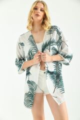 Kadın Palmiye Güpür Detaylı Viskon Kimono Yeşil - M