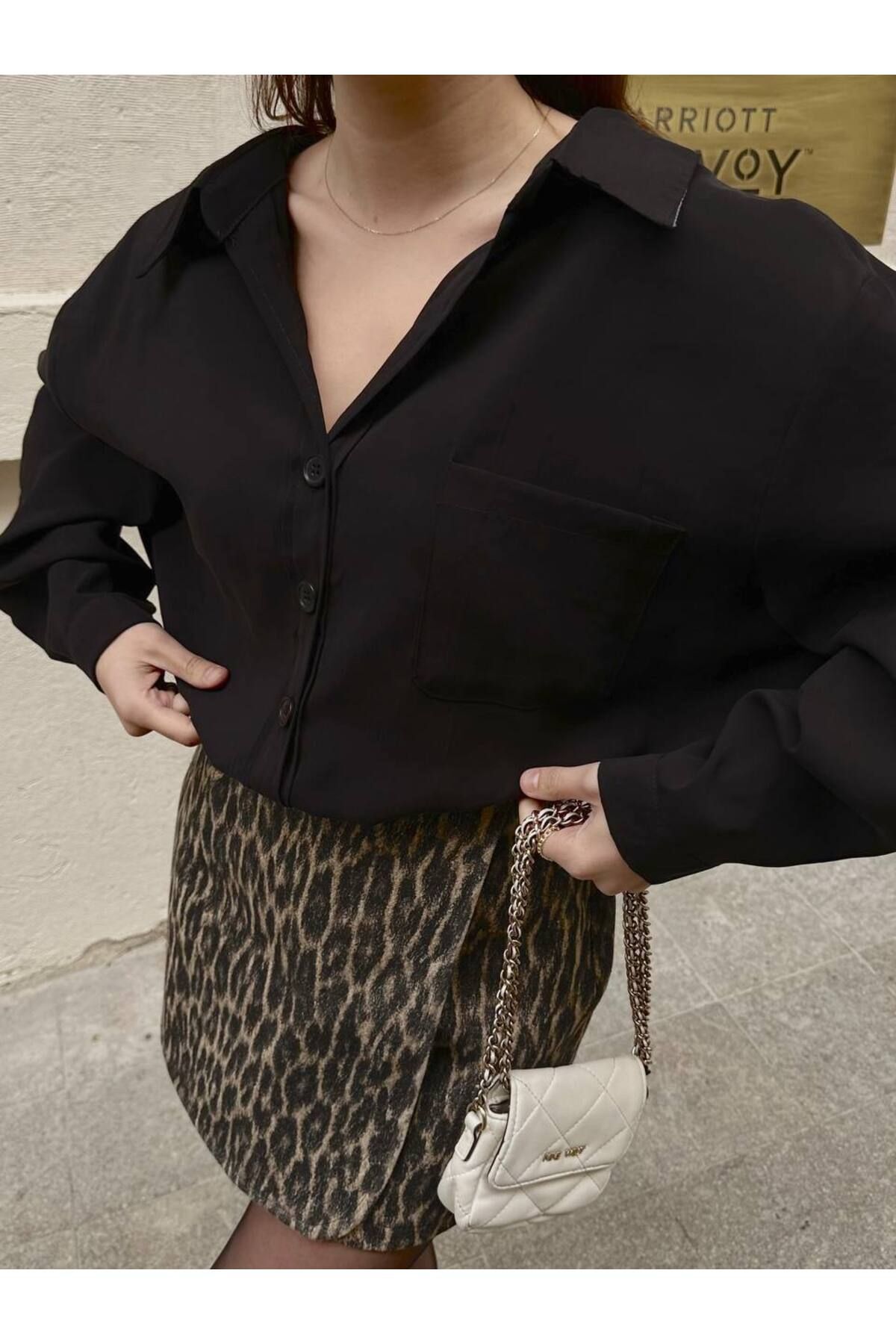 Kadın Oversize Modal Gömlek Siyah - M