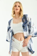 Kadın Palmiye Güpür Detaylı Viskon Kimono Mavi - S