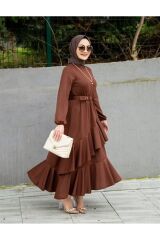 Volan Katlı Kemerli Uzun Özel Gün Elbisesi