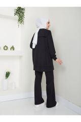Kadın Paçası Yırtmaçlı Fermuar Yaka Detaylı Pantolonlu Tesettür Takım Siyah - XL