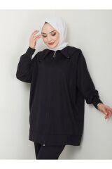 Kadın Paçası Yırtmaçlı Fermuar Yaka Detaylı Pantolonlu Tesettür Takım Siyah - XL