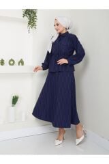 Kadın Bel Büzgülü Gömlek Yaka Çizgili Etekli Takım Lacivert - XL