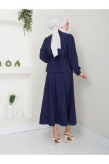 Kadın Bel Büzgülü Gömlek Yaka Çizgili Etekli Takım Lacivert - XL