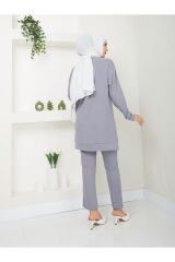 Kadın Fitilli Kumaş İkili Tesettür Takım Gri - XL