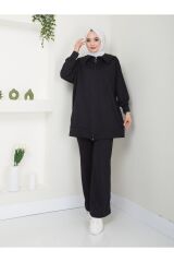 Kadın Paçası Yırtmaçlı Fermuar Yaka Detaylı Pantolonlu Tesettür Takım Siyah - 2XL