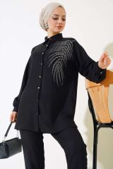 Kadın Taş İşlemeli Pantolonlu Keten Takım Siyah - XL