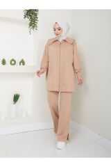 Kadın Paçası Yırtmaçlı Fermuar Yaka Detaylı Pantolonlu Tesettür Takım BEJ - 2XL