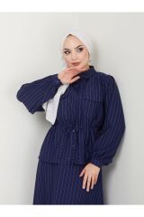 Kadın Bel Büzgülü Gömlek Yaka Çizgili Etekli Takım Lacivert - 2XL