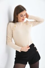 Kadın Düğme Detaylı Uzun Kollu Bisiklet Yaka Bluz Bej - XL