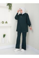 Kadın Paçası Yırtmaçlı Fermuar Yaka Detaylı Pantolonlu Tesettür Takım ZÜMRÜT - XL