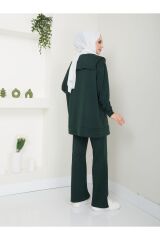 Kadın Paçası Yırtmaçlı Fermuar Yaka Detaylı Pantolonlu Tesettür Takım ZÜMRÜT - XL