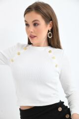 Kadın Düğme Detaylı Uzun Kollu Bisiklet Yaka Bluz Beyaz - XL