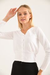 Kadın V Yaka Düğmeli Bluz Beyaz - XL