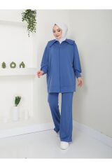 Kadın Paçası Yırtmaçlı Fermuar Yaka Detaylı Pantolonlu Tesettür Takım İNDİGO - XL