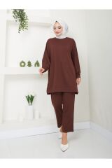 Kadın Fitilli Kumaş İkili Tesettür Takım Kahverengi - 2XL