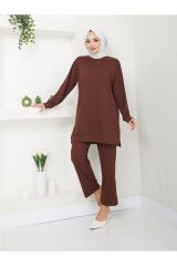 Kadın Fitilli Kumaş İkili Tesettür Takım Kahverengi - 2XL
