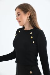 Kadın Düğme Detaylı Uzun Kollu Bisiklet Yaka Bluz Siyah - XL